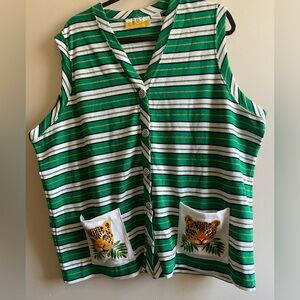 VINTAGE - Green / White / Gold Striped Button Down Vest with Tiger Accents
